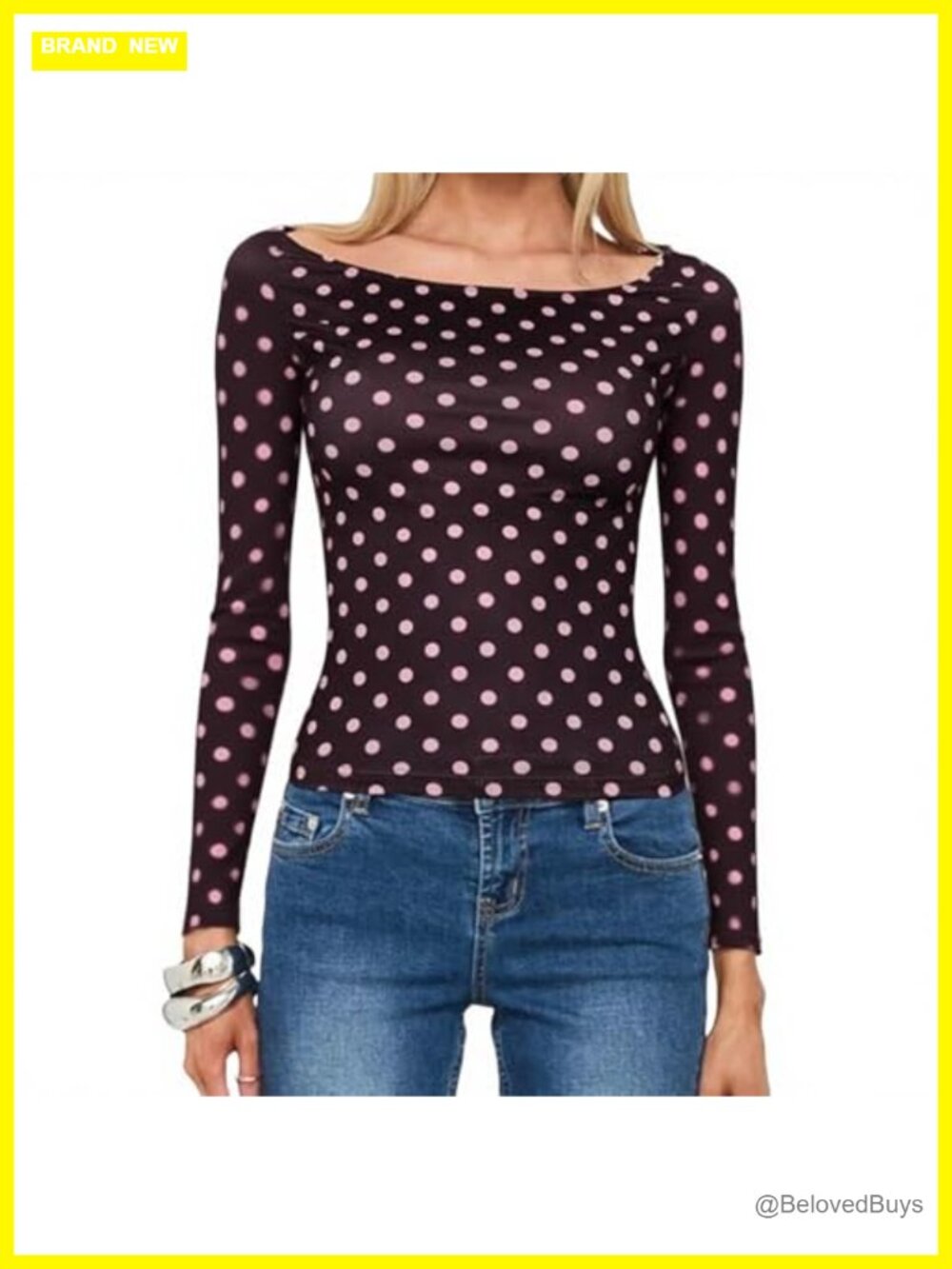 Y2K Polka Dot Boat Neck Slim Fit Crop Top Long Sleeve
